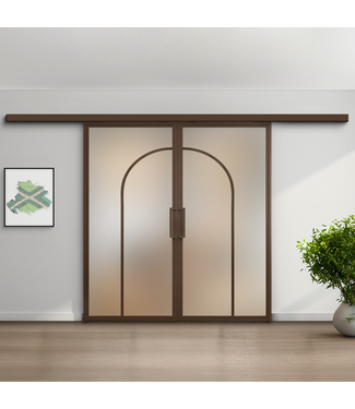 Dubbele stalen schuifdeur koofsysteem - Brons -2 Vlaks rond - Mat glas