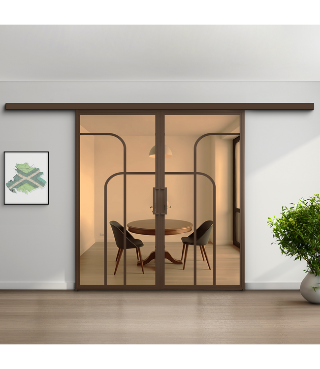 Dubbele stalen schuifdeur koofsysteem - Brons - 4 Vlaks rond - Helder glas