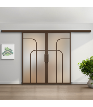 Dubbele stalen schuifdeur koofsysteem - Brons - 4 Vlaks rond - Mat glas