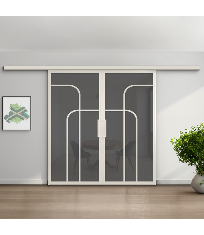 Dubbele stalen schuifdeur koofsysteem - Wit - 4 Vlaks rond - Helder glas