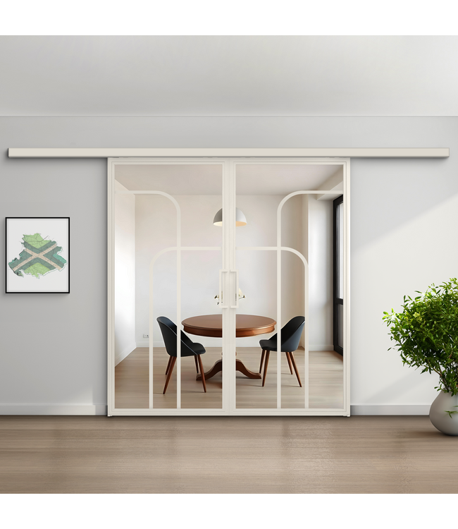 Dubbele stalen schuifdeur koofsysteem - Wit - 4 Vlaks rond - Mat glas