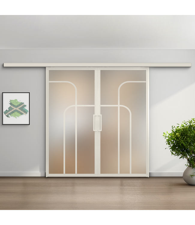 Dubbele stalen schuifdeur koofsysteem - Wit - 4 Vlaks rond - Rook glas