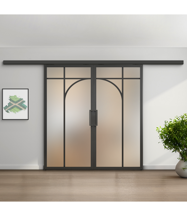 Dubbele stalen schuifdeur koofsysteem - Zwart - 5 Vlaks rond - Helder glas