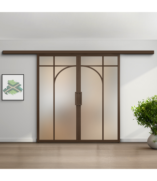 Dubbele stalen schuifdeur koofsysteem - Brons - 5 Vlaks rond - Mat glas