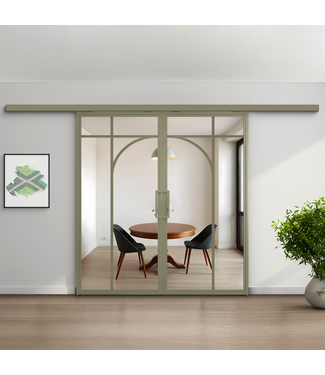 Dubbele stalen schuifdeur koofsysteem - Olijfgroen - 5 Vlaks rond - Helder glas