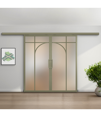 Dubbele stalen schuifdeur koofsysteem - Olijfgroen - 5 Vlaks rond - Mat glas