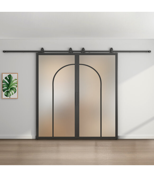 Dubbele stalen schuifdeur - Zwart - 2 Vlaks rond - Helder glas