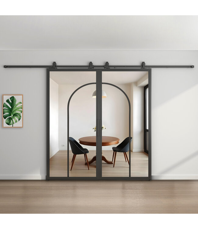 Dubbele stalen schuifdeur - Zwart - 2 Vlaks rond - Mat glas