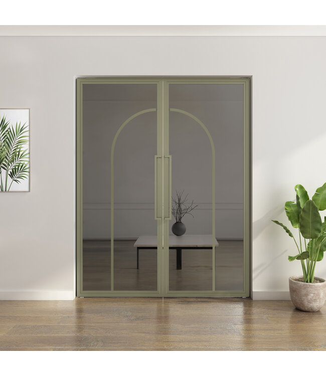 Dubbele stalen taatsdeur - Olijfgroen - 2 Vlaks rond - Mat glas