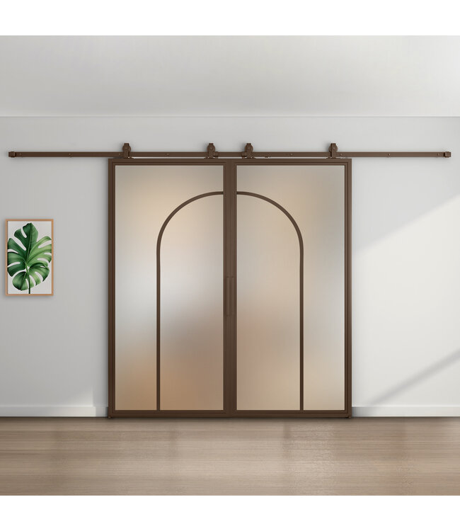 Dubbele stalen schuifdeur - Brons - 2 Vlaks rond - Rook glas