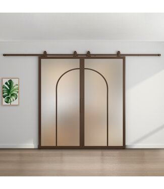 Dubbele stalen schuifdeur - Brons - 2 Vlaks rond - Mat glas