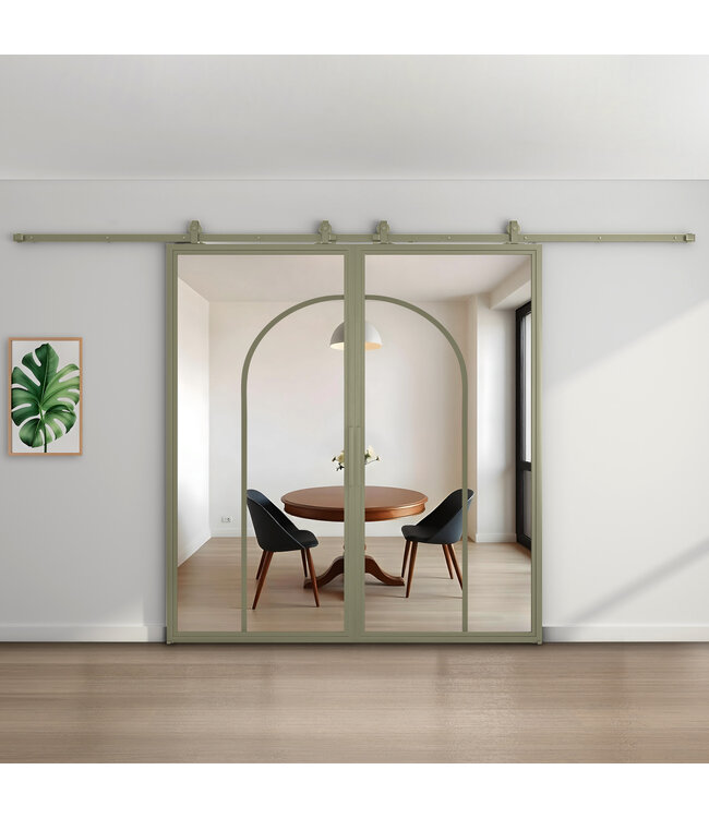 Dubbele stalen schuifdeur - Olijfgroen - 2 Vlaks rond - Mat glas
