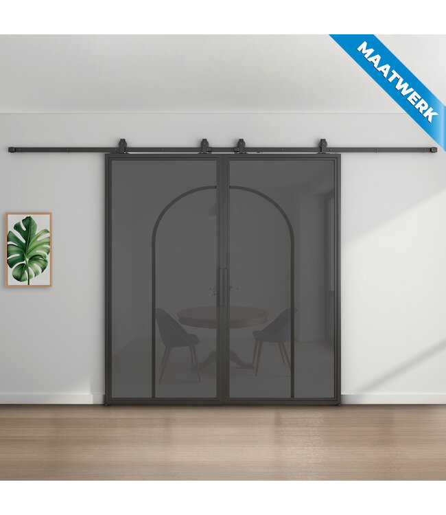 Dubbele stalen Schuifdeuren - Zwart - 2 Vlaks rond - Maatwerk - Mat glas