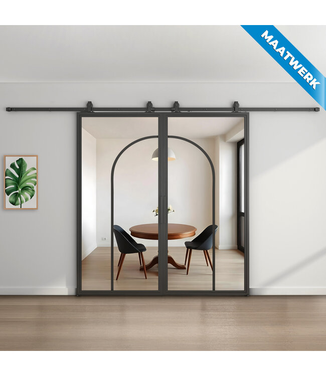 Dubbele stalen Schuifdeuren - Zwart - 2 Vlaks rond - Maatwerk - Rook glas