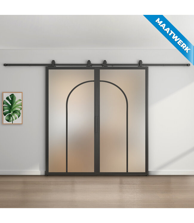 Dubbele stalen Schuifdeuren - Zwart - 2 Vlaks rond - Maatwerk - Rook glas