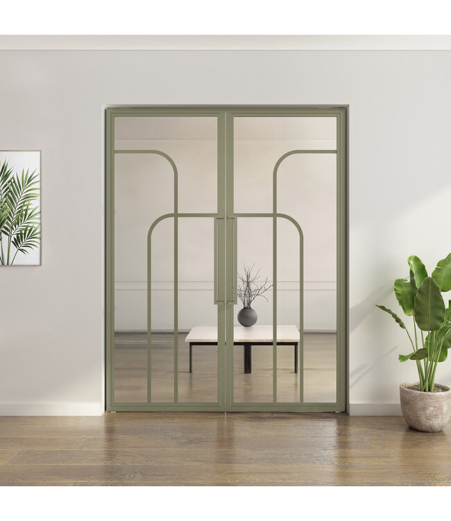 Dubbele stalen taatsdeur - Olijfgroen - 4 Vlaks rond - Mat glas