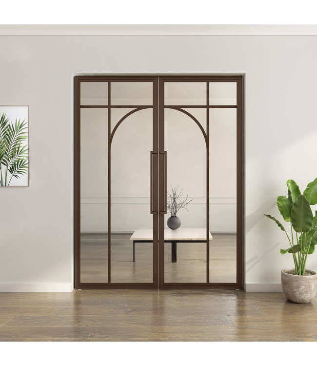 Dubbele stalen taatsdeur - Brons - 5 Vlaks rond - Mat glas