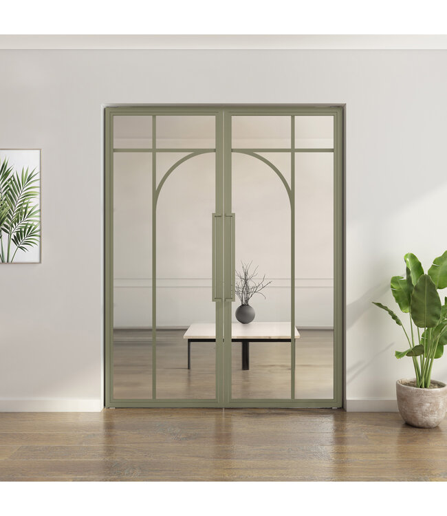 Dubbele stalen taatsdeur - Olijfgroen - 5 Vlaks rond - Mat glas