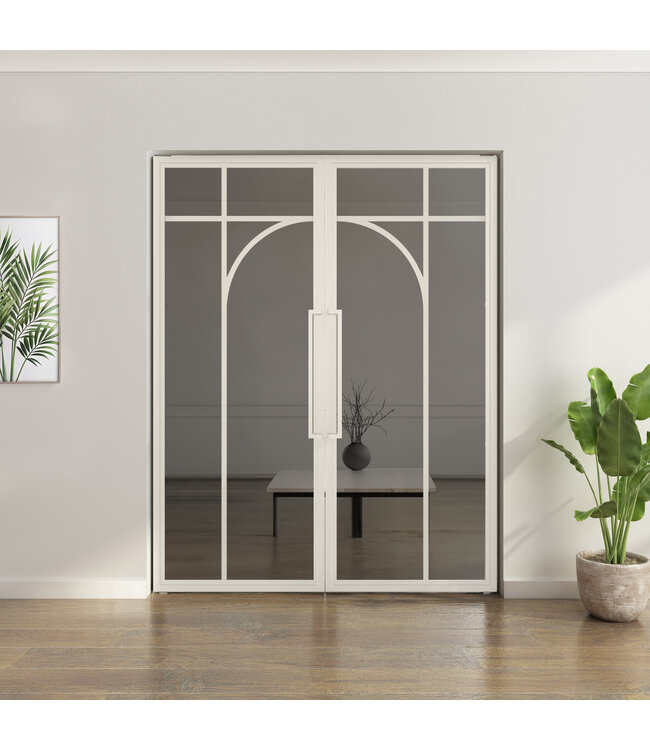 Dubbele stalen taatsdeur - Wit - 5 Vlaks rond - Mat glas