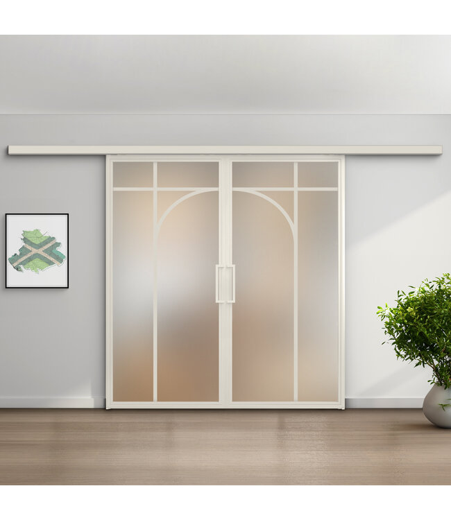 Dubbele stalen schuifdeur koofsysteem - Wit - 5 Vlaks rond - Helder glas