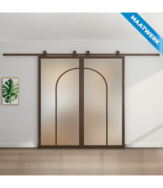 Dubbele stalen Schuifdeuren - Brons - 2 Vlaks rond - Maatwerk - Mat glas
