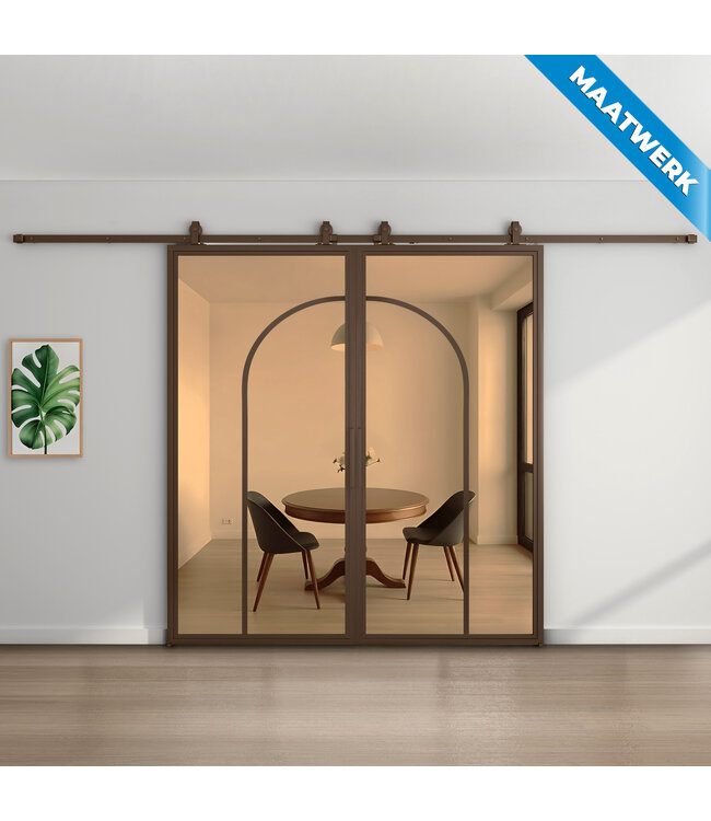 Dubbele stalen Schuifdeuren - Brons - 2 Vlaks rond - Maatwerk - Mat glas