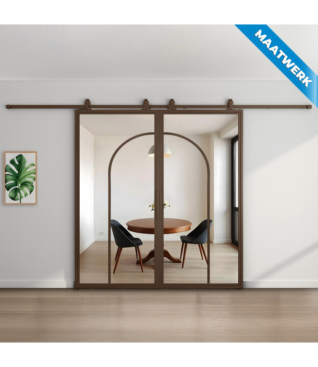 Dubbele stalen Schuifdeuren - Brons - 2 Vlaks rond - Maatwerk - Brons rook glas