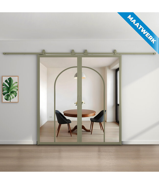 Dubbele stalen Schuifdeuren - Olijfgroen - 2 Vlaks rond - Maatwerk - Mat glas