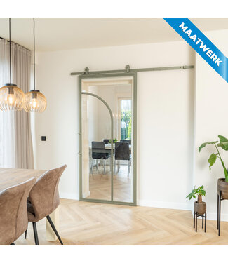 Stalen Schuifdeur - Olijfgroen - 2 Vlaks rond - Maatwerk - Helder glas