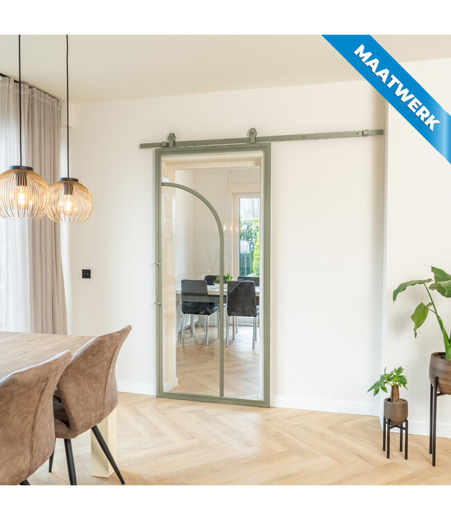 Stalen Schuifdeur - Olijfgroen - 2 Vlaks rond - Maatwerk - Rook glas