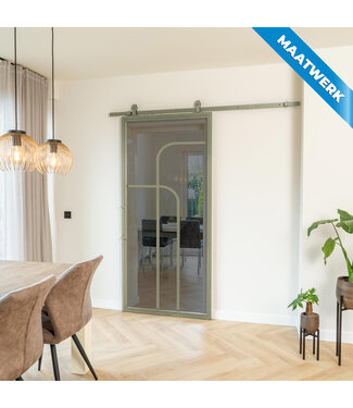 Stalen Schuifdeur - Olijfgroen - 4 Vlaks rond - Maatwerk - Rook glas