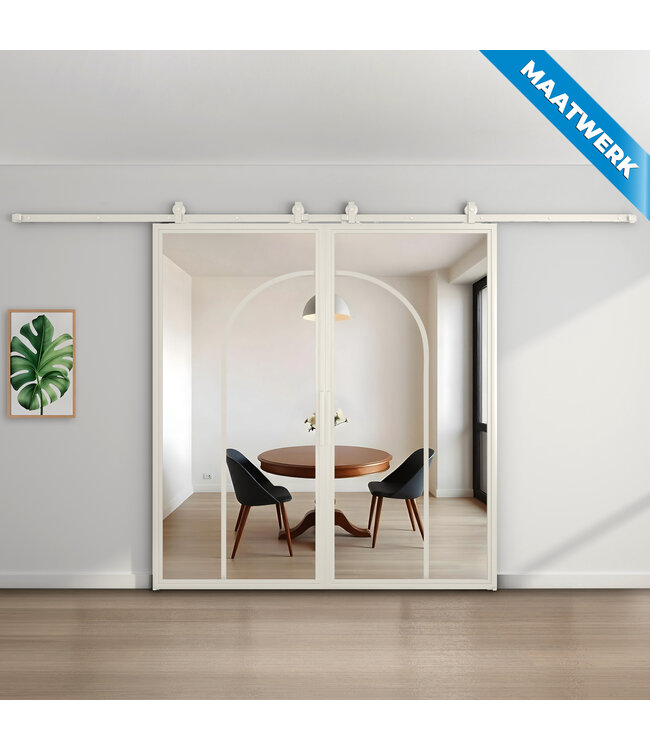 Dubbele stalen Schuifdeuren - Wit - 2 Vlaks rond - Maatwerk - Mat glas