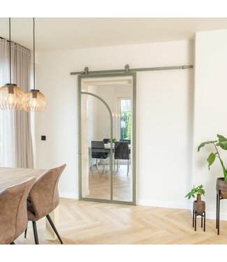 Stalen Schuifdeur - Olijfgroen - 2 Vlaks rond - Helder glas