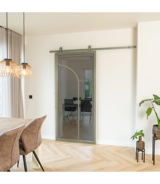Stalen Schuifdeur - Olijfgroen - 2 Vlaks rond - Rook glas