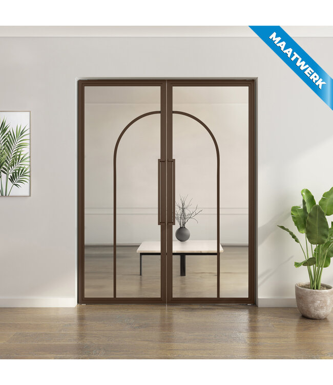 Dubbele stalen taatsdeur - Brons - Maatwerk - 2 Vlaks rond - Mat glas