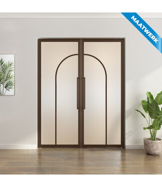 Dubbele stalen taatsdeur - Brons - Maatwerk - 2 Vlaks rond - Mat glas