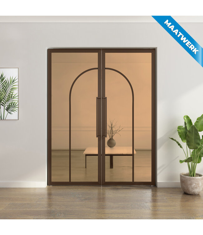 Dubbele stalen taatsdeur - Brons - Maatwerk - 2 Vlaks rond - Mat glas