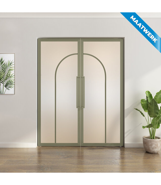 Dubbele stalen taatsdeur - Olijfgroen - Maatwerk - 2 Vlaks rond - Mat glas