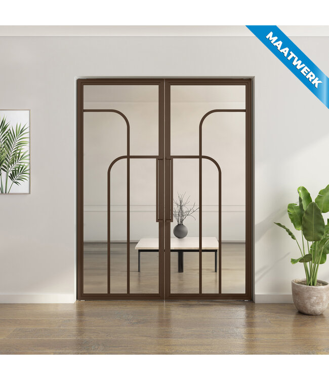 Dubbele stalen taatsdeur - Brons - Maatwerk - 4 Vlaks rond - Mat glas