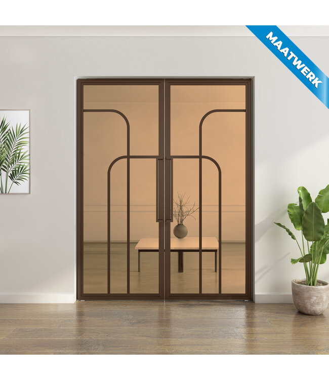 Dubbele stalen taatsdeur - Brons - Maatwerk - 4 Vlaks rond - Mat glas