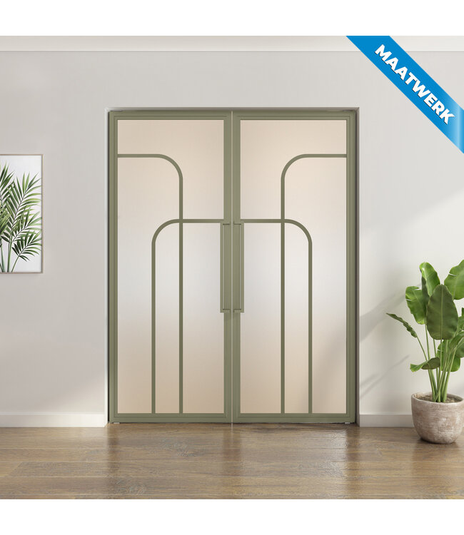 Dubbele stalen taatsdeur - Olijfgroen - Maatwerk - 4 Vlaks rond - Mat glas