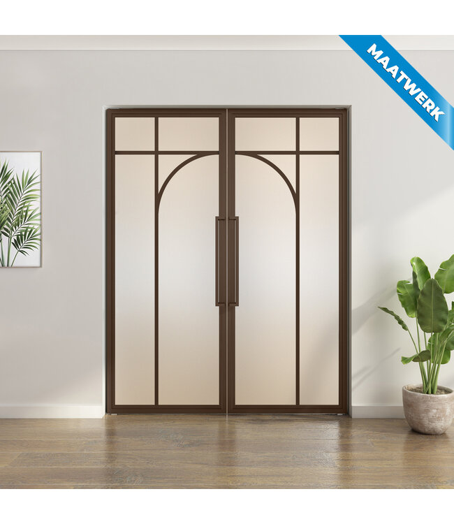 Dubbele stalen taatsdeur - Brons - Maatwerk - 5 Vlaks rond - Mat glas