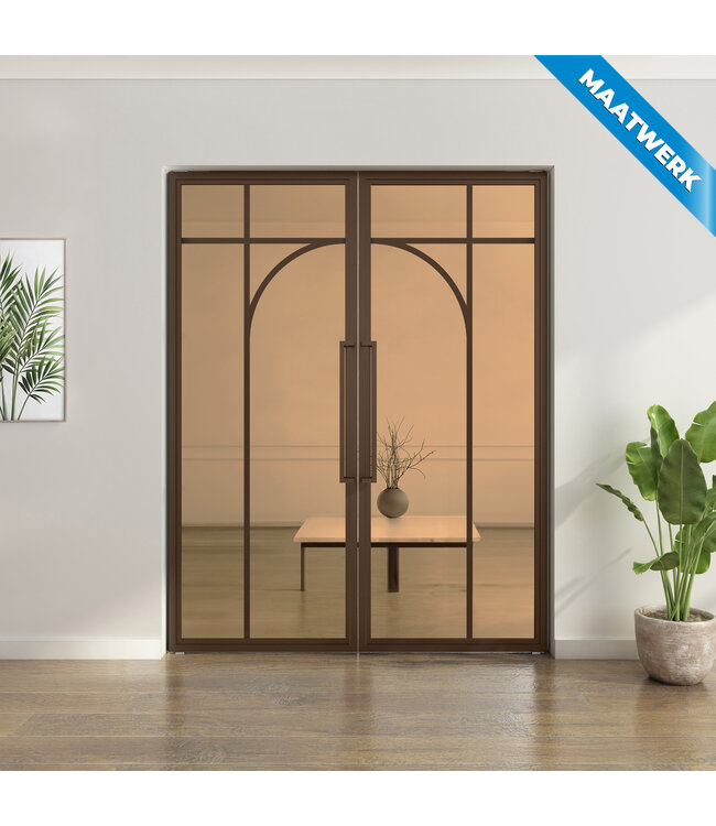 Dubbele stalen taatsdeur - Brons - Maatwerk - 5 Vlaks rond - Mat glas