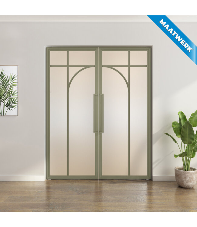 Dubbele stalen taatsdeur - Olijfgroen - Maatwerk - 5 Vlaks rond - Helder glas