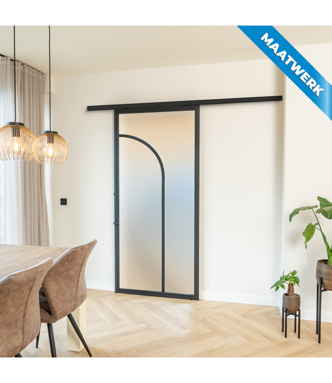 Stalen Schuifdeur met koofsysteem - Zwart - 2 Vlaks rond - Maatwerk - Rook glas