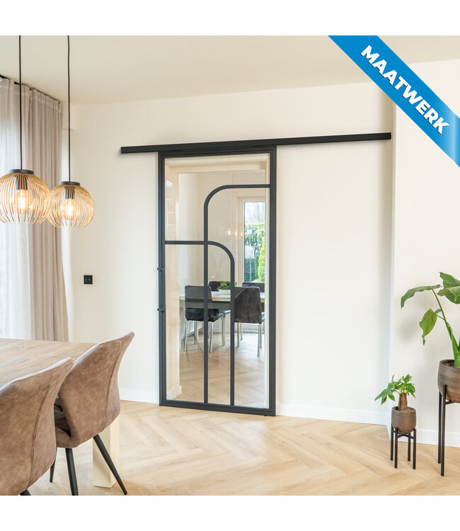 Stalen Schuifdeur met koofsysteem - Zwart - 4 Vlaks rond - Maatwerk - Mat glas