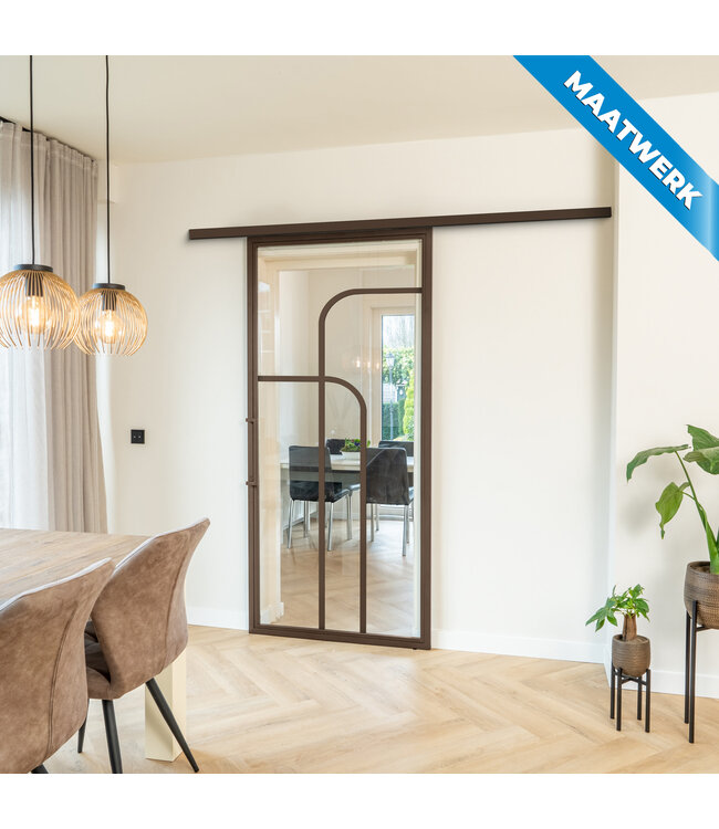 Stalen Schuifdeur met koofsysteem - Brons - 4 Vlaks rond - Maatwerk - Rook glas
