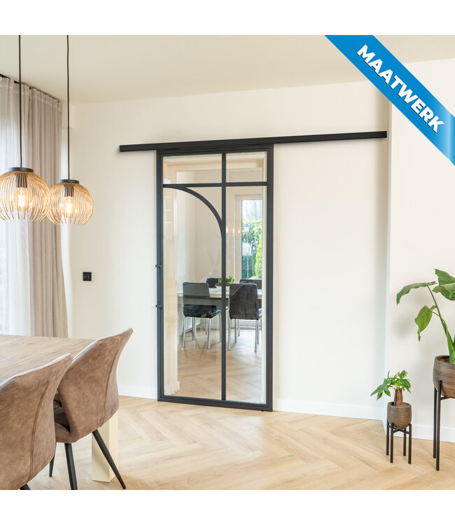 Stalen Schuifdeur met koofsysteem - Zwart - 5 Vlaks rond - Maatwerk - Mat glas