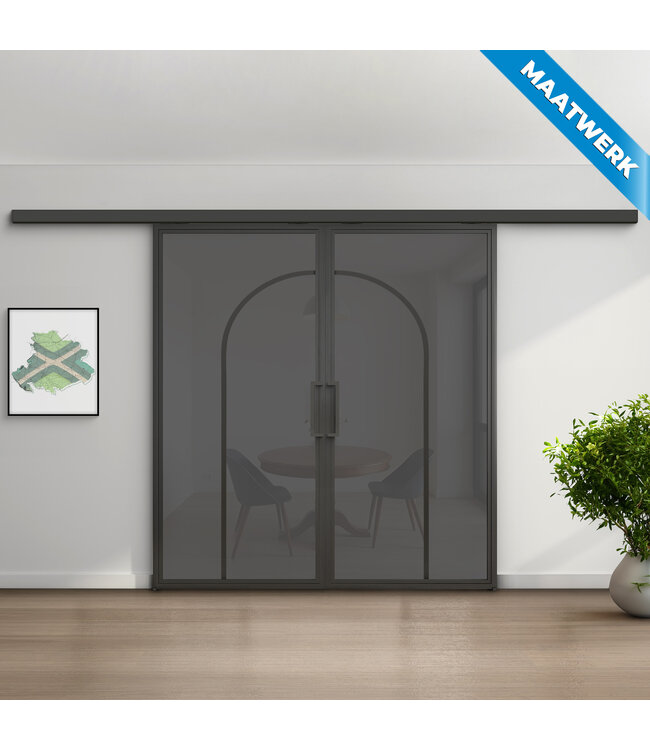 Dubbele stalen Schuifdeuren met koofsysteem - Zwart - 2 Vlaks rond - Maatwerk - Mat glas