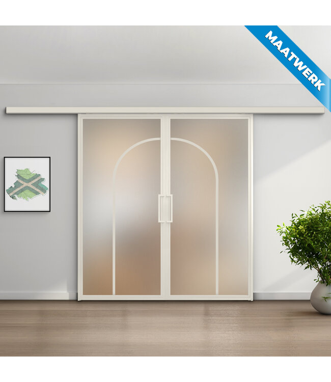 Dubbele stalen Schuifdeuren met koofsysteem - Wit - 2 Vlaks rond - Maatwerk - Helder glas